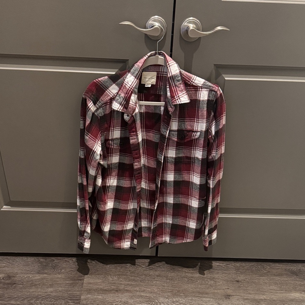 American Eagle Outfitters Burgundy and White Plaid Shirt